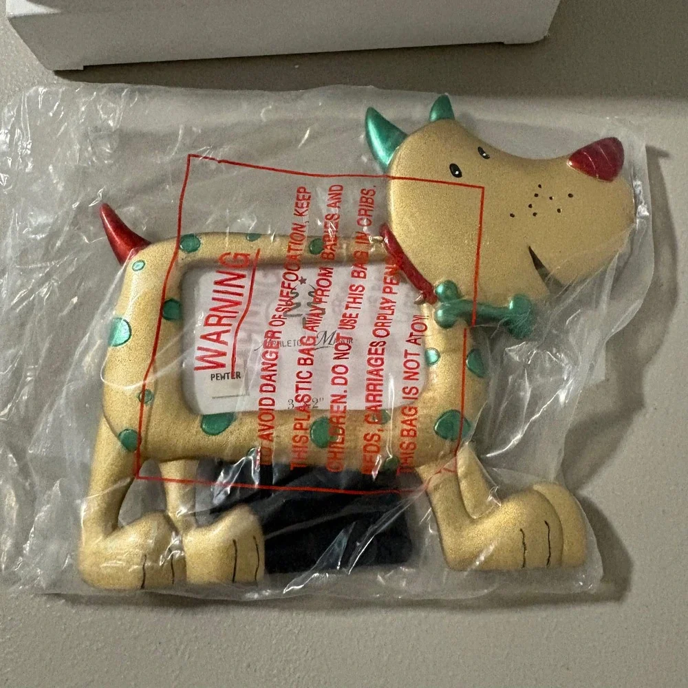 Ashleigh Manor Pewter Dog Picture Frame Gold Polka Dots Holidays Bone Collar 3x2